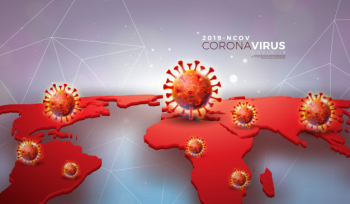 Covid-19. coronavirus outbreak design with virus cell in on 3d red world map background. 2019-ncov. dangerous sars epidemic  illustration for promotional banner or flyer. Free Vector