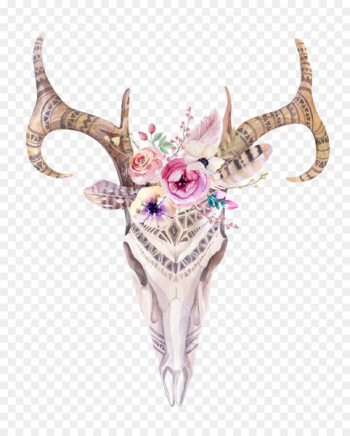 Cow's Skull: Red, White, and Blue Boho-chic Watercolor painting Feather - boho 