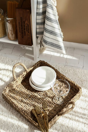 Cozy Kitchen Decor with Woven Tray and Tableware Cozy Kitchen Decor with Woven Tray and Tableware