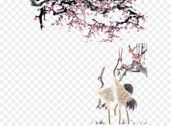Crane Cherry blossom Peach - Red Crowned Crane under ink and wash peach blossoms 