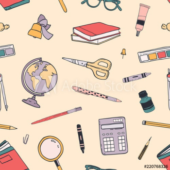 Creative Back To School seamless pattern with education supplies scattered on light background