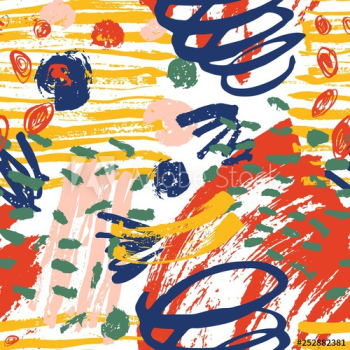 Creative seamless pattern with vivid paint stains, marks, traces, scribble on white background