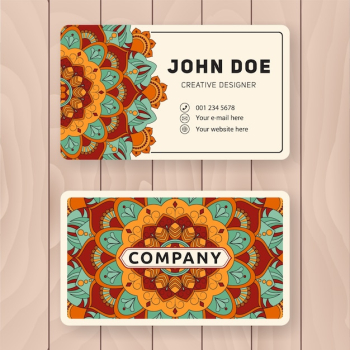 Creative useful business name card design. Vintage colored Mandala design for personal name card, visiting card or tag.