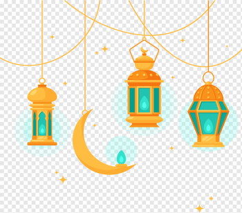 crescent moon and three pendant lamps, Islamic art Fanous Religion, Islam, lantern, orange, mosque png