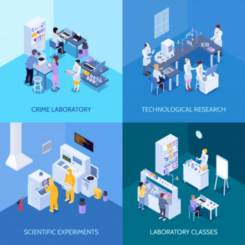 Crime laboratory, chemical practice classes, scientific experiments and technological research isometric design concept isolated Free Vector