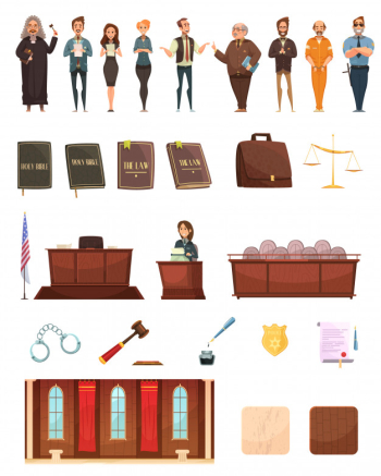 Criminal justice retro cartoon icons collection with law books jury box judge and courtroom
