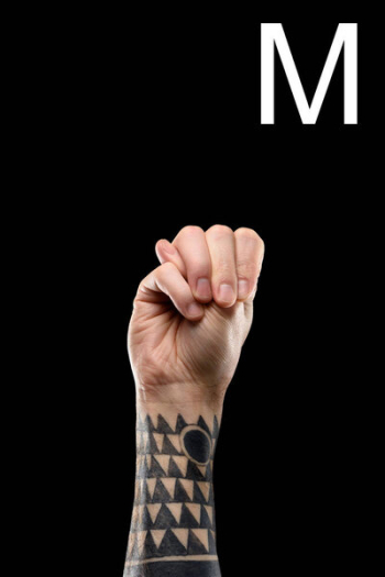 Cropped view of tattooed hand showing latin letter - M, sign language, isolated on black