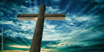 Crucifixion of Jesus Christ, wooden cross, sky at sunset background. 3d illustration