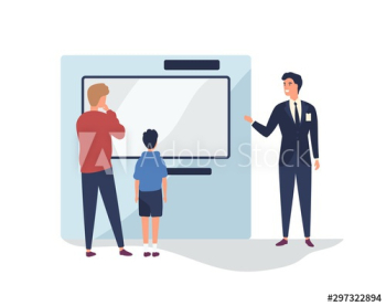 Customers near promotional stand flat vector illustration
