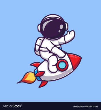 cute astronaut riding rocket and waving hand