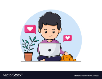 cute boy using laptop with pet dog cute boy using laptop with pet dog