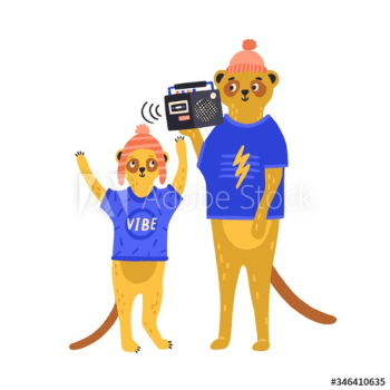 Cute cartoon father and child meerkat wearing funny hat standing together Cute cartoon father and child meerkat wearing funny hat standing together