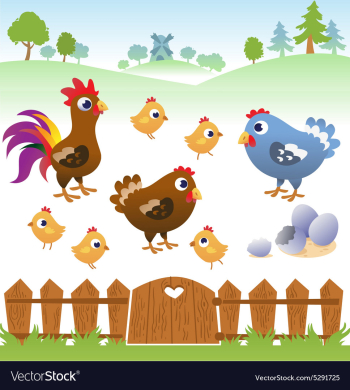 Cute cartoon hen rooster and chicken with landscap vector image Cute cartoon hen rooster and chicken with landscap vector image