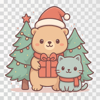 Cute Christmas Bear and Cat with Tree Cute Christmas Bear and Cat with Tree