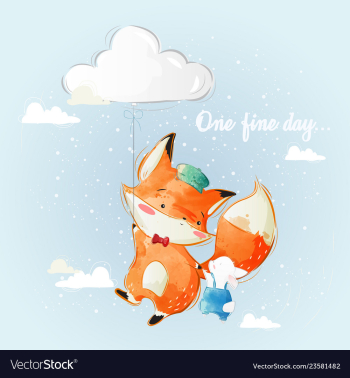 Cute fox and bunny flying with a cloud balloon vector image Cute fox and bunny flying with a cloud balloon vector image