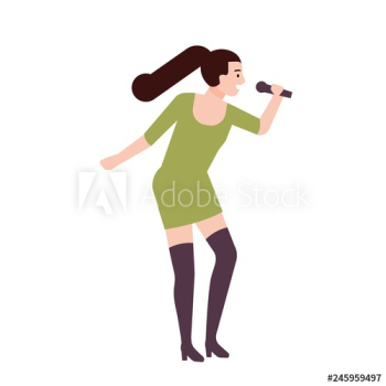 Cute funny rock singer, pop vocalist, songstress or songbird wearing dress and singing in microphone