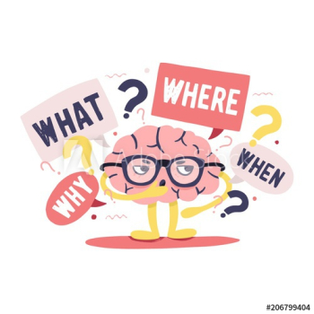 Cute human brain with smart thoughtful face and glasses surrounded by questions and interrogation points