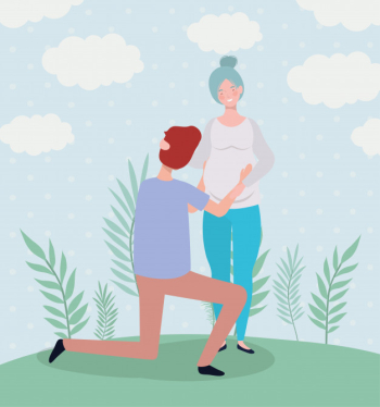 Cute lovers couple pregnancy characters in the landscape Free Vector