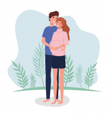 Cute lovers couple pregnancy characters in the landscape Free Vector