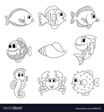 cute sea fish set cartoon coloring page