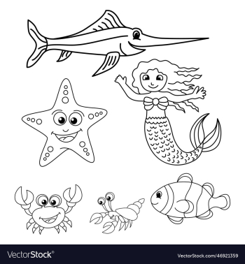 cute sea fish set cartoon coloring page