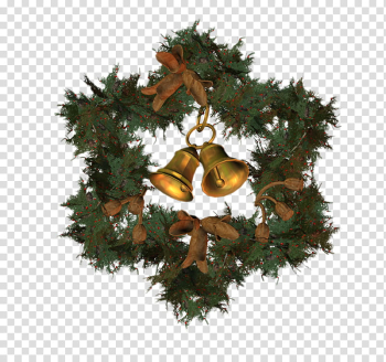 D Xmas Wreath, green wreath with two gold bells transparent background PNG clipart