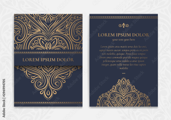 Dark blue and gold luxury invitation card design. Vintage ornament template. Can be used for background and wallpaper. Elegant and classic vector elements great for decoration.