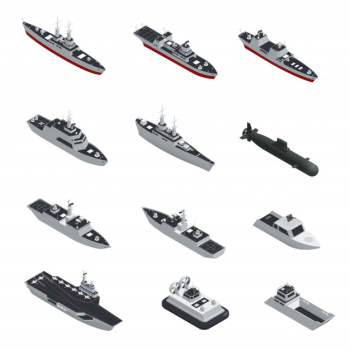 Dark color military boats isometric isolated icon set Free Vector