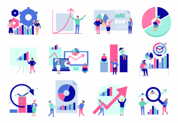 Data analytics diagrams graphic results presentation analysis tools techniques decision making flat icons collection isolated Free Vector