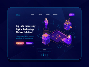 Data visualization concept isometric banner, data analysis, datacenter, dark neon