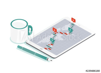 Decorative composition with tablet PC and world map, international exchange market rate graph or Forex currency trading indicators on screen, pen, cup of coffee