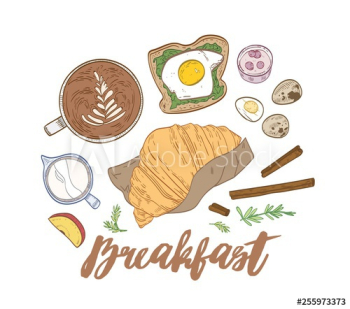 Decorative hand drawn composition with appetizing breakfast meals and morning food - croissant, egg sandwich, yogurt, coffee