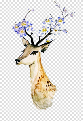 Deer with floral horn , Deer Creative Watercolor Watercolor painting, Watercolor deer transparent background PNG clipart