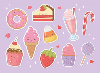 Delicious and sweet products kawaii characters Free Vector Delicious and sweet products kawaii characters Free Vector