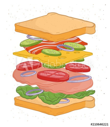 Delicious sandwich with layers or ingredients isolated on white background - bread slices, vegetables, salad leaves, cheese, bacon, meat