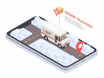 Delivery logistics shipment isometric conceptual composition with smartphone screen and delivery truck with parcels and text  illustration Free Vector