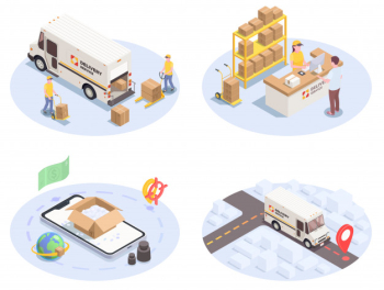 Delivery logistics shipment set of four isometric images with colourful icons pictograms human characters and cars  illustration Free Vector
