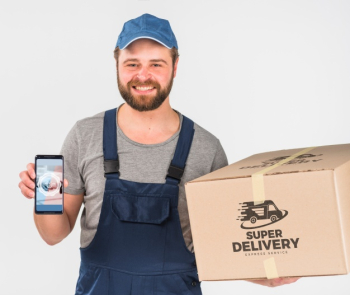 Delivery man holding smartphone mockup for labor day Free Psd