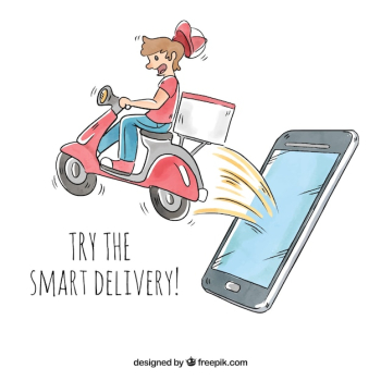 Delivery man with scooter coming out phone's screen