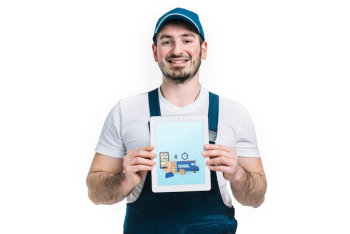 Delivery mockup with man showing tablet