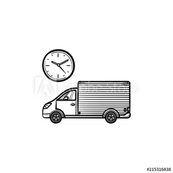 Delivery truck with clock hand drawn outline doodle icon