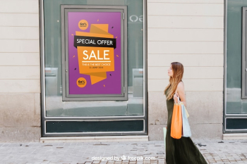 Design of mock up with sales poster and woman in the street