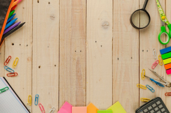 Desktop with assortment of school supplies