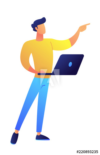 Developer standing with laptop and pointing with finger vector illustration Developer standing with laptop and pointing with finger vector illustration