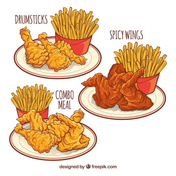 Different dishes with fried chicken and potatoes