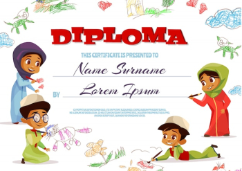 Diploma template illustration of kindergarten certificate for Muslim kids. 