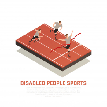 Disabled people sport isometric composition with 3 amputee blade prosthesis runners men crossing finish line Free Vector