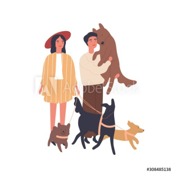 Dog lovers couple flat vector illustration Dog lovers couple flat vector illustration