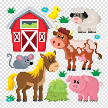 Domestic pig Live Sheep Farm , farm animals, illustration of animals and red barn transparent background PNG clipart