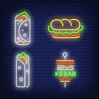 Doner kebab and shawarma neon signs set Doner kebab and shawarma neon signs set